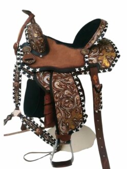 Close-up of the beautifully carved BNB International Western Barrel Racing Saddle