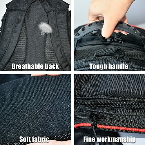 Collage showing backpack features: breathable back, tough handle, soft fabric, fine workmanship.