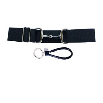 Black belt with metal buckle and attached keychain.