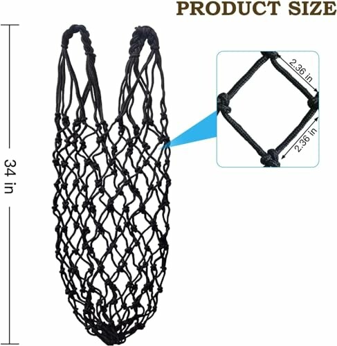 Black cargo net showing dimensions of 34 inches and 2.36 inches square mesh.