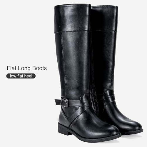 Black flat long boots with low heel.