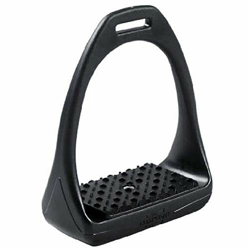 Black plastic horse stirrup with a textured footrest.