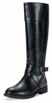 Black knee-high leather boot with buckle detail.