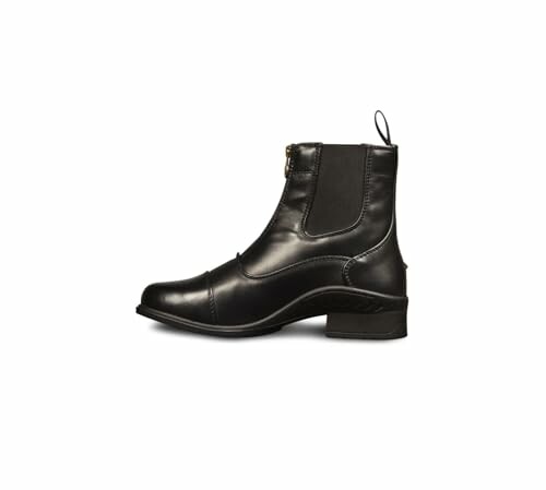 Side view of a black leather ankle boot with zipper.