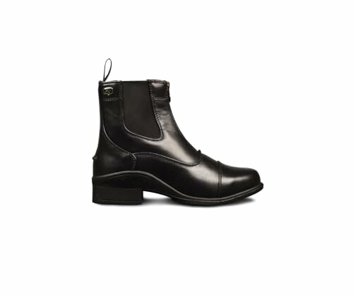 Black leather ankle boot with side zipper.