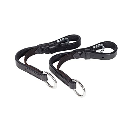 Two black leather keychain loops with metal rings and clips.