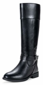 Black leather knee-high boot with buckle detail