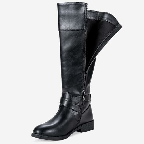 Black leather knee-high boot with side zipper and buckle detail.