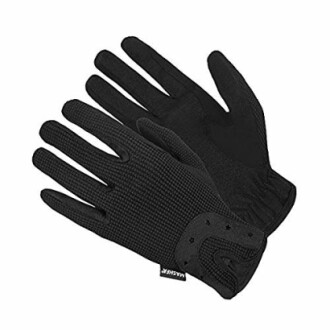 Pair of black riding gloves with grip pattern.