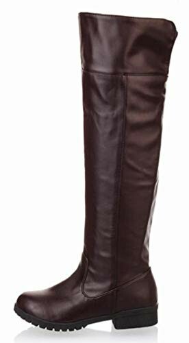 Brown knee-high leather boots with low heel