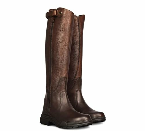 Brown leather knee-high boots with buckle detail.