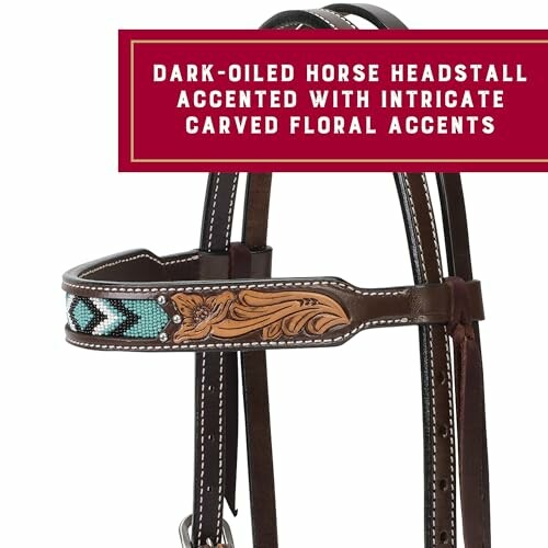 Dark-oiled horse headstall with carved floral accents and blue beaded design.