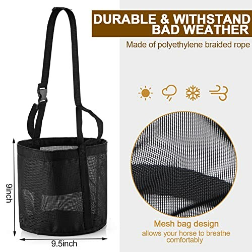 Black mesh bag with strap, durable and weather-resistant.