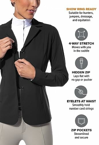 Equestrian jacket with features: show ring ready, 4-way stretch, hidden zip, eyelets at waist, zip pockets.