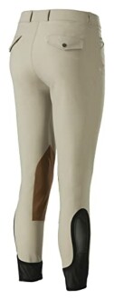 Back view of beige equestrian riding breeches with knee patches.