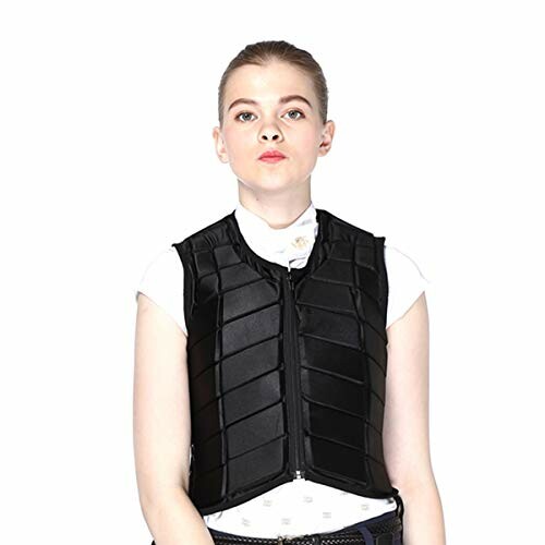 Person wearing a black equestrian safety vest.