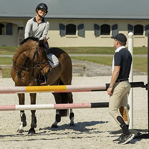 Rider on a horse talking to a trainer beside a jump bar.