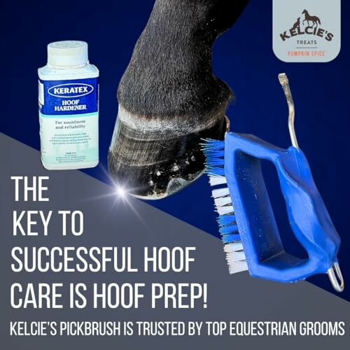 Hoof care products including a hoof hardener and pick brush.