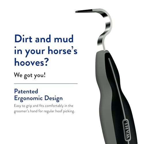 Hoof care tool with ergonomic design for cleaning horse hooves.