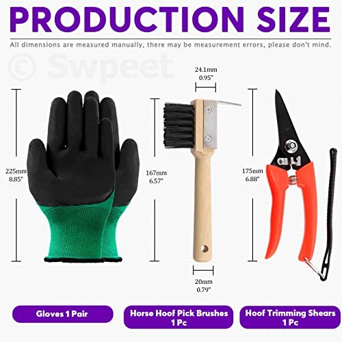 Set of hoof trimming tools including gloves, hoof pick brush, and shears with dimensions.