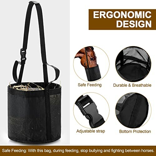 Ergonomic horse feeding bag with adjustable strap and breathable design.