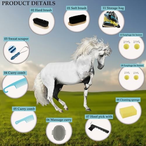 Horse grooming kit with various tools labeled on an image of a horse.