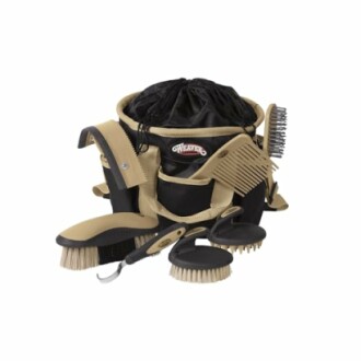 Horse grooming kit with brushes, combs, and bag.