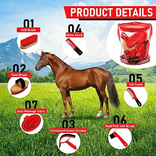 Horse grooming products with a horse in a field.