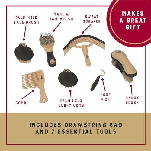 Set of horse grooming tools with drawstring bag, including brushes, scraper, comb, and pick.