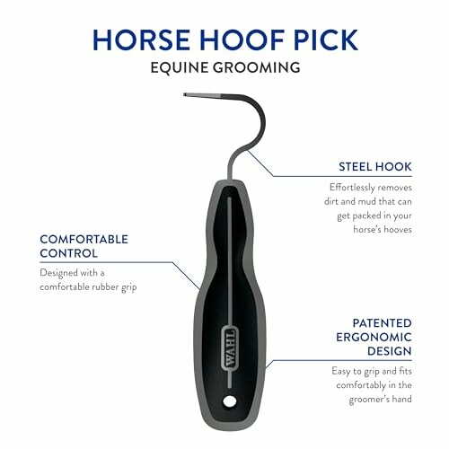 Horse hoof pick with ergonomic design and steel hook for equine grooming.