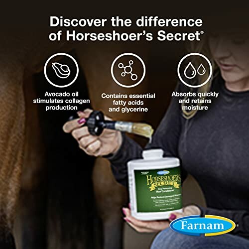 Person applying Horseshoer's Secret Hoof Conditioner with benefits highlighted.