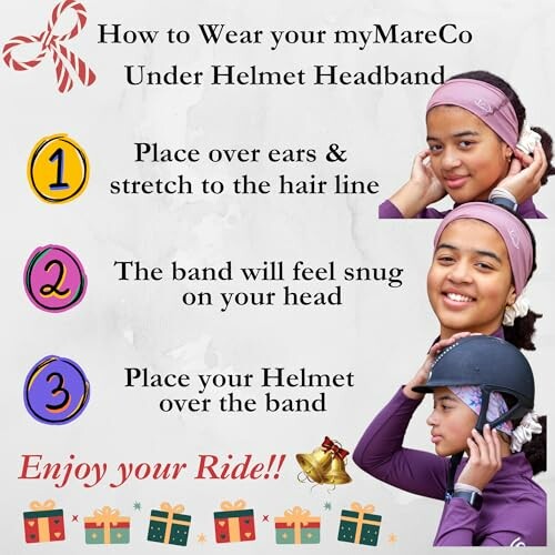 Steps to wear under helmet headband with images and instructions.