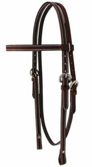 Brown leather horse bridle with white stitching.