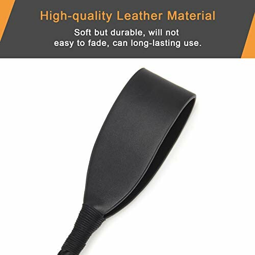 Black leather strap with text about high-quality material.