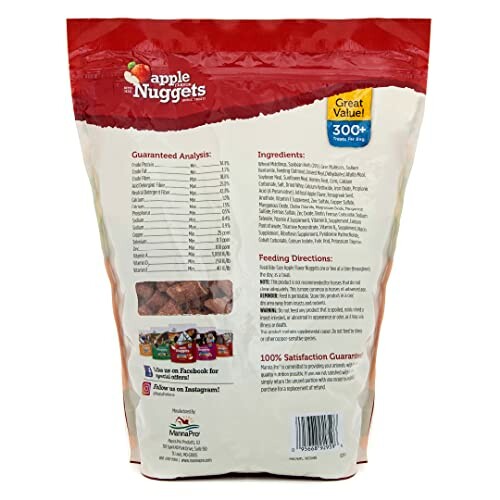 Back view of Manna Pro Apple Nuggets horse treats package, showing ingredients and feeding directions.