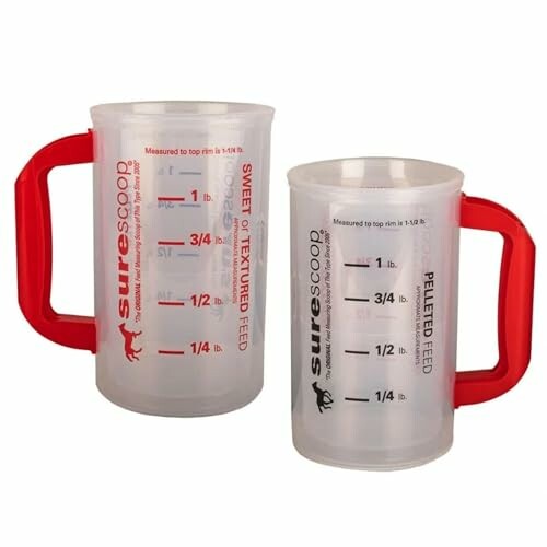 Two transparent measuring cups with red handles and measurement markings.