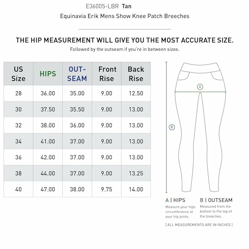 Size chart for men's knee patch breeches with hip and seam measurements.