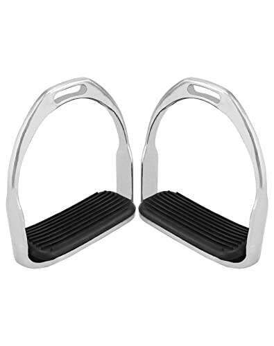 Pair of metal horse stirrups with black treads.