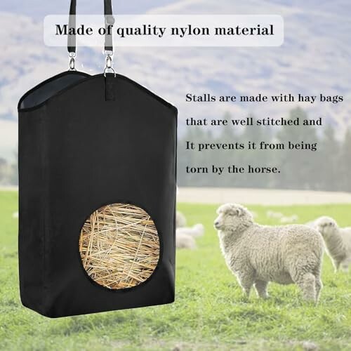 Black nylon hay bag with sheep in a field