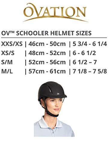 Ovation schooler helmet size chart with an image of a person wearing a helmet.