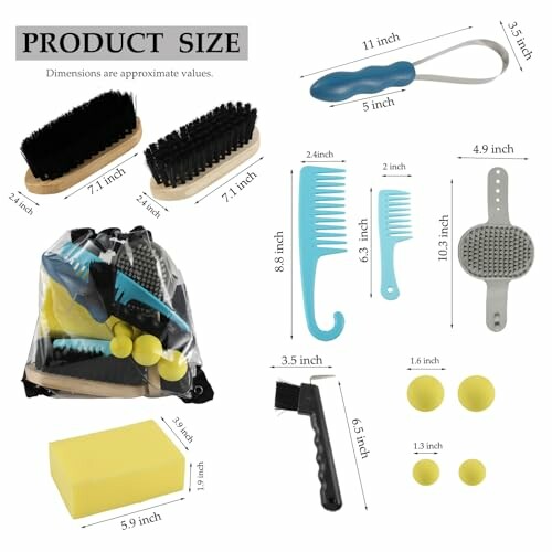 Pet grooming kit with various brushes, combs, and tools with dimensions.