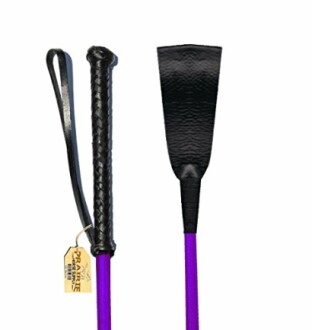 Purple and black horse riding crop with leather handle and loop.