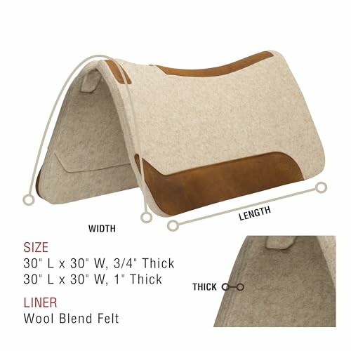 Wool blend felt saddle pad showcasing dimensions and thickness details.