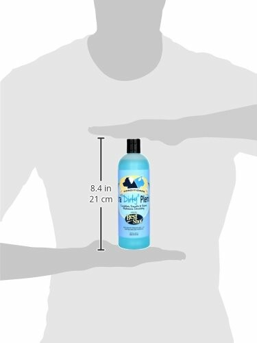 Person holding a blue shampoo bottle with measurement.