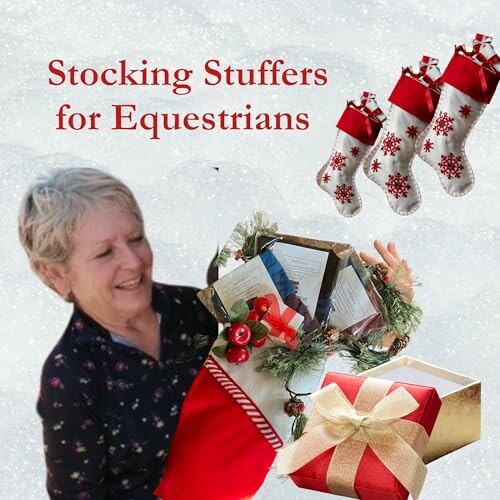 Woman holding equestrian-themed stocking stuffers with holiday decorations.