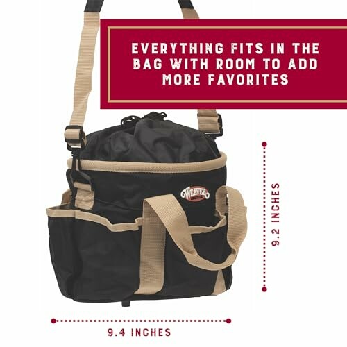 Black and beige storage bag with multiple pockets and adjustable straps.