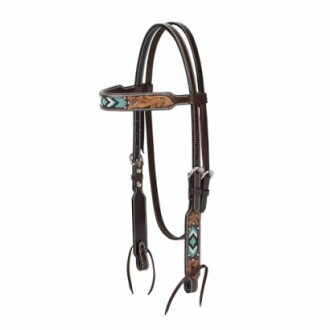 Western horse headstall with decorative patterns.