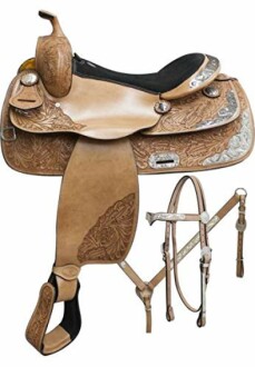 Close-up of the intricate leather designs and silver accents on the saddle.