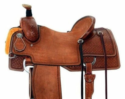 A detailed view of a brown leather Western horse saddle.