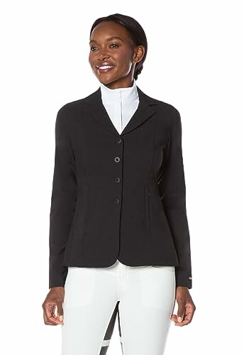 Woman wearing a black blazer with a white shirt.